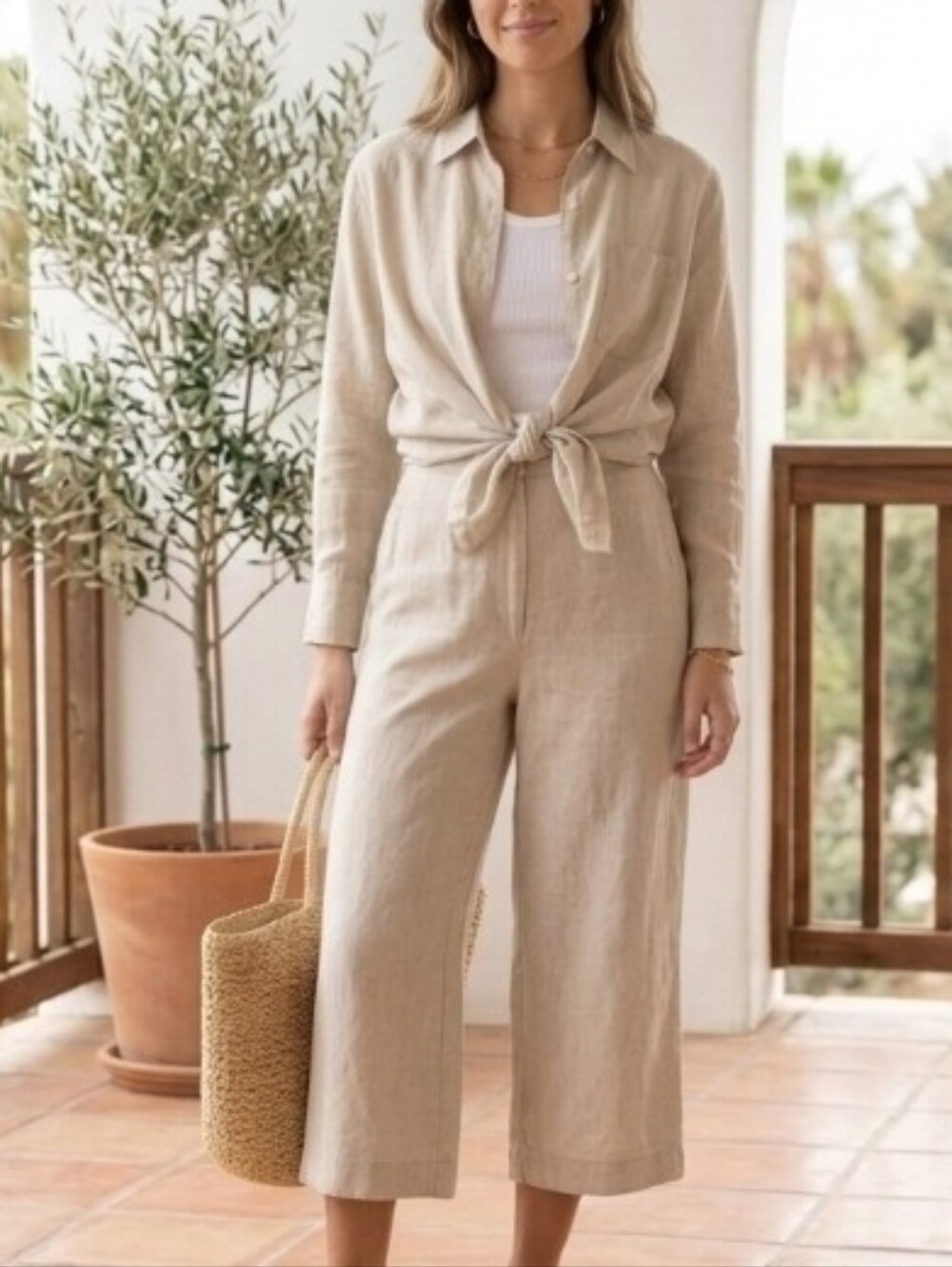 Vintage Calvin Klein Linen 2pc Crop Set Wide Leg Capris Beige 2